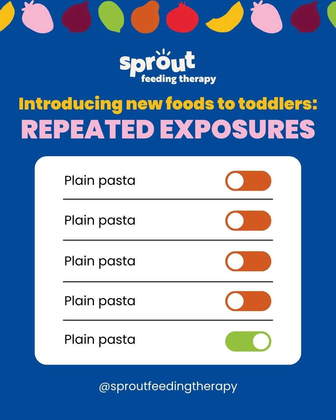 Welcome to your child&rsquo;s brain! Children need up to 15 (!!!) repeated exposures to new foods before accepting it into their food repertoire! This gives your child ample time to see, smell, touch, taste and eat the new food. Don&rsquo;t give up i