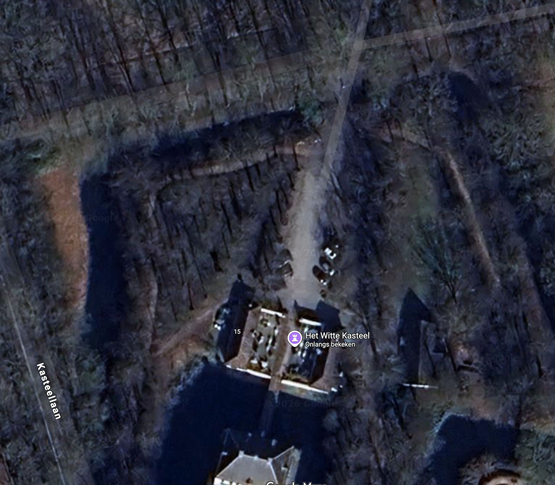 Aerial view of Het Witte Kasteel, a castle surrounded by trees and a forested area, with a driveway and a few vehicles parked nearby.