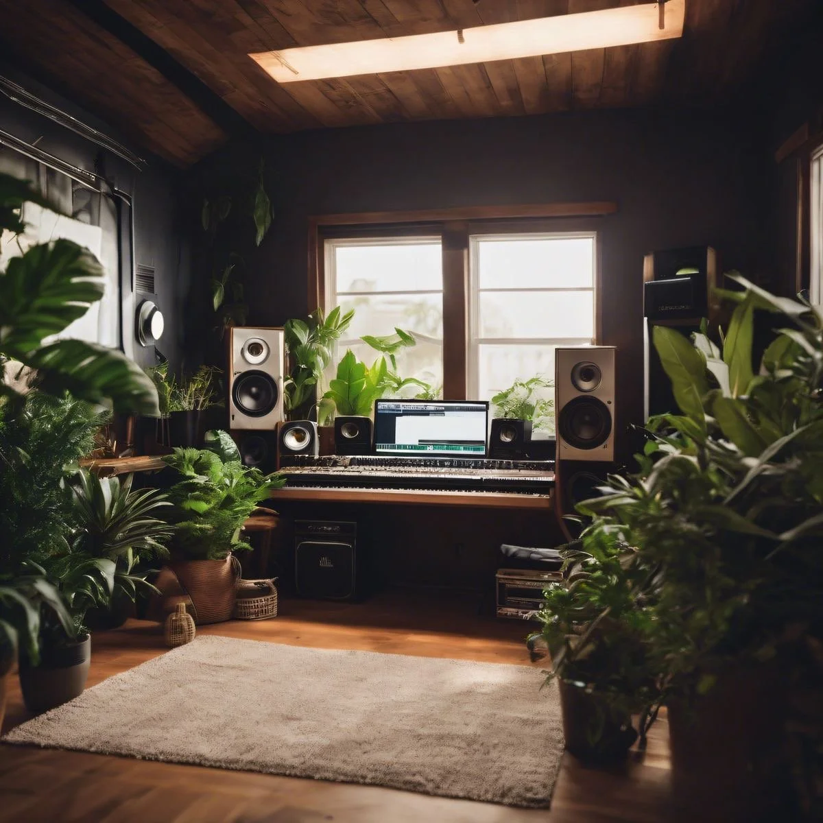 A music studio room with a keyboard, computer, and speakers surrounded by plants.