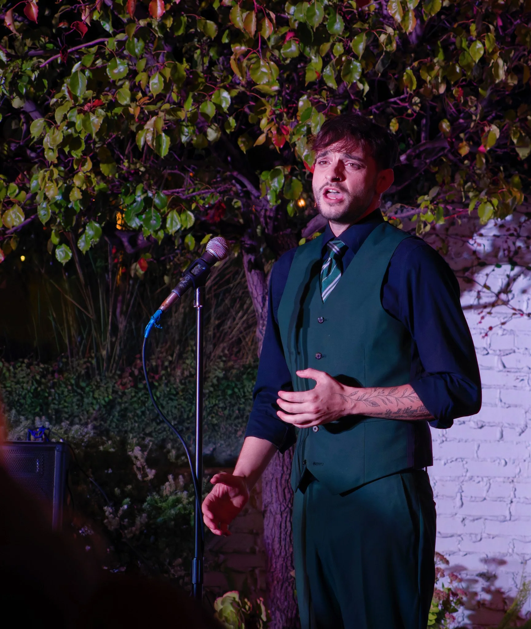 A man in a dark suit with a green vest and striped tie singing into a microphone outdoors at night, with a lit tree and a white brick wall in the background.