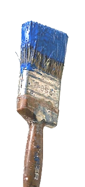Close-up of a worn paintbrush with blue paint on the bristles and a wooden handle.