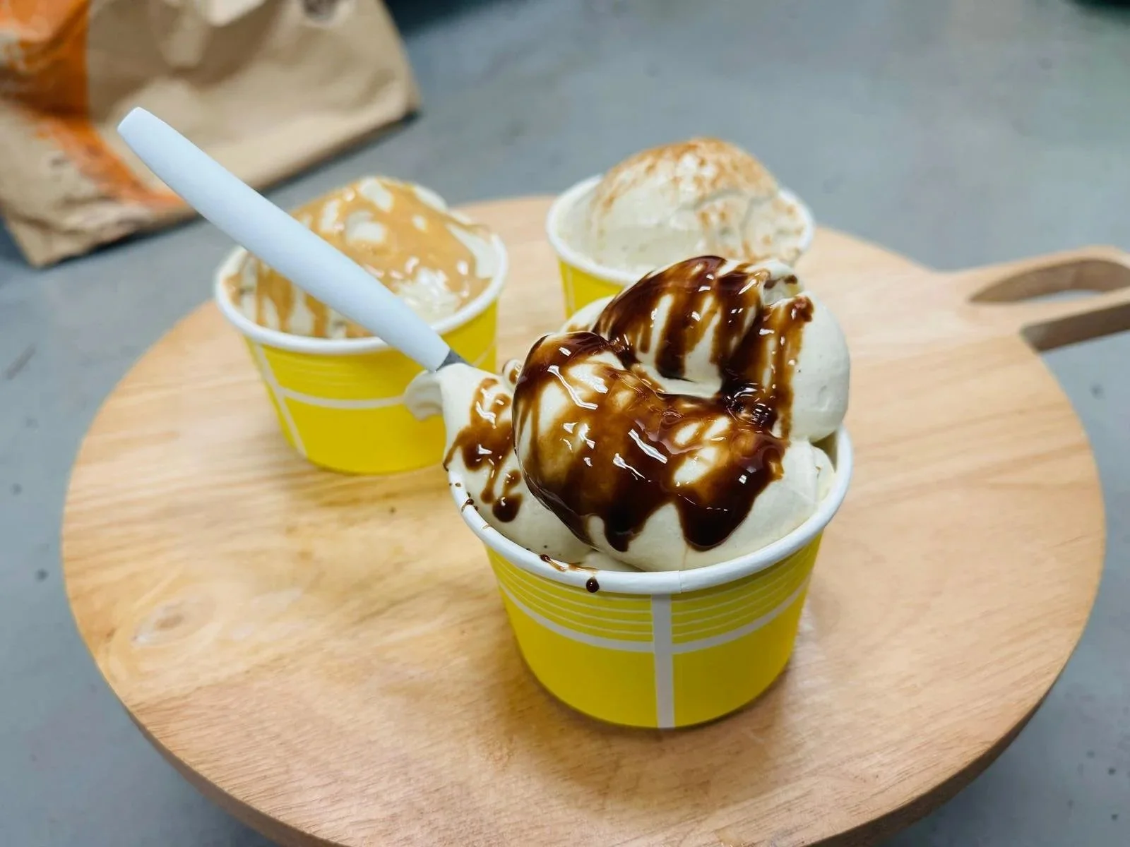 Banana whip with chocolate drizzle.