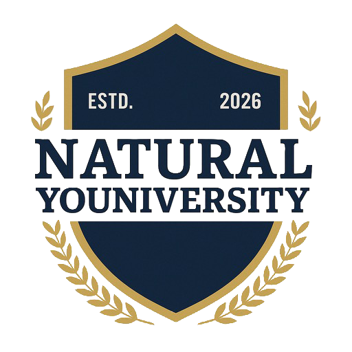 Logo with a shield shape, dark blue background, gold border, and gold laurel branches. Text reads 'ESTD. 2026 Natural Youniversity'.