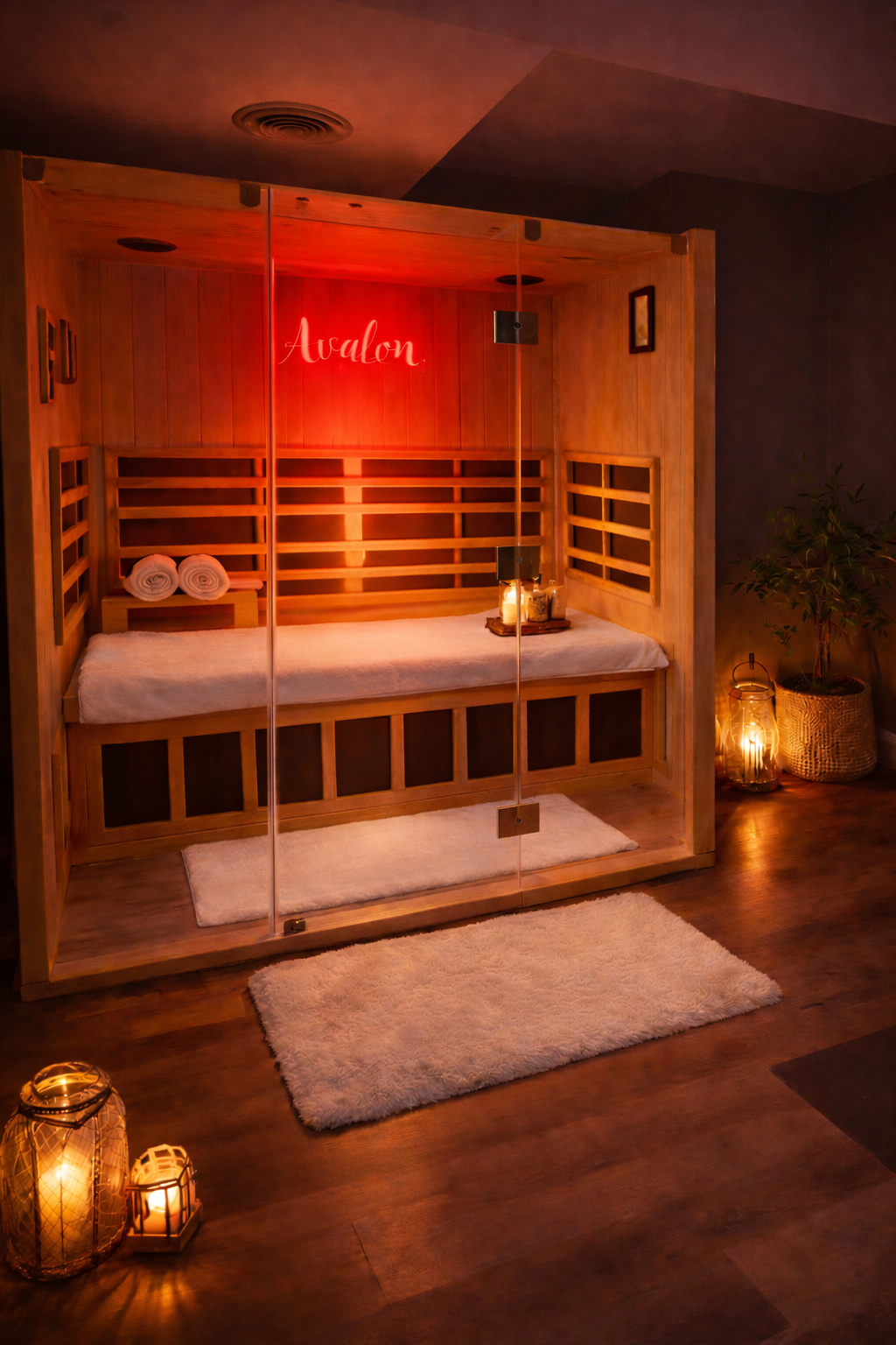 A cozy wooden sauna room with a neon sign that reads 'Avalon.' The room has two rolled towels, candles, and potted plants, creating a relaxing atmosphere with warm lighting.