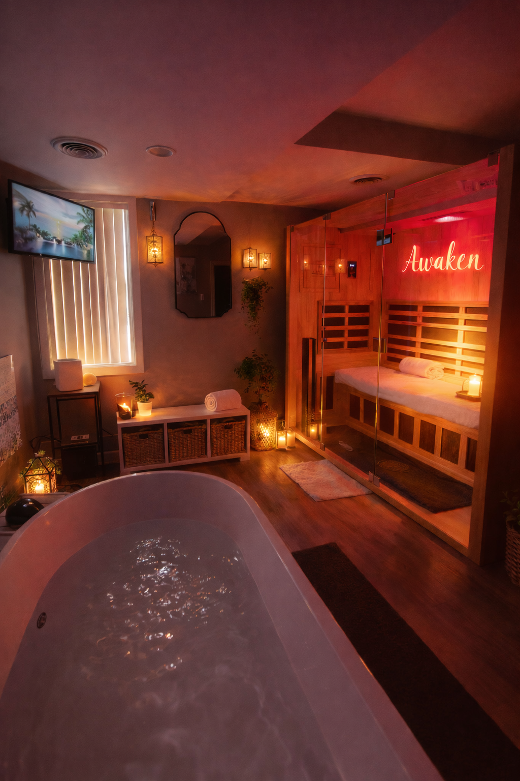 A cozy wellness room with a bathtub filled with water, a wooden sauna with glass doors and the word "Awaken" illuminated in pink neon, soft lighting, decorative plants, candles, and a wall-mounted TV.