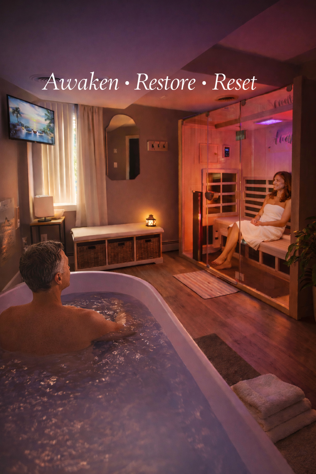 A man relaxing in a bathtub in a spa room, facing a woman sitting in a heated sauna enclosed in glass, with the words "Awaken, Restore, Reset" written above.