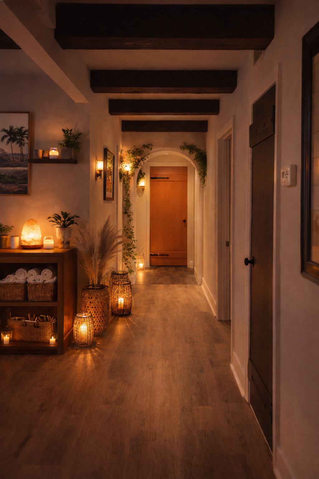A cozy hallway decorated with candles, plants, and framed artwork, leading to a wooden door with warm lighting.