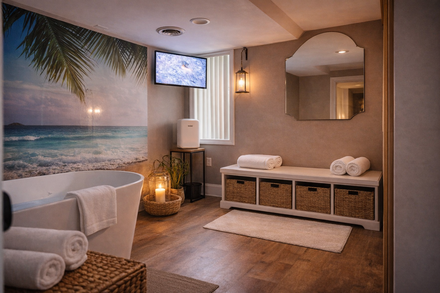 Relaxing spa room with a mural of the beach and ocean, a white bathtub, rolled towels, candles, a potted plant, a mirror, a television, and wicker baskets for storage.