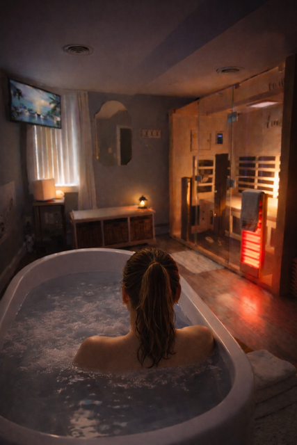 A woman relaxing in a bathtub with bubbles in a dimly lit spa room, featuring a sauna with wooden benches and a red light, a television, and soft ambient lighting.
