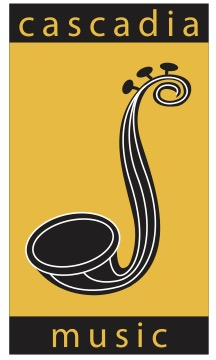 A graphic design featuring a stylized black and white saxophone on a yellow background, with the word 'cascadia' at the top and 'music' at the bottom in black text.