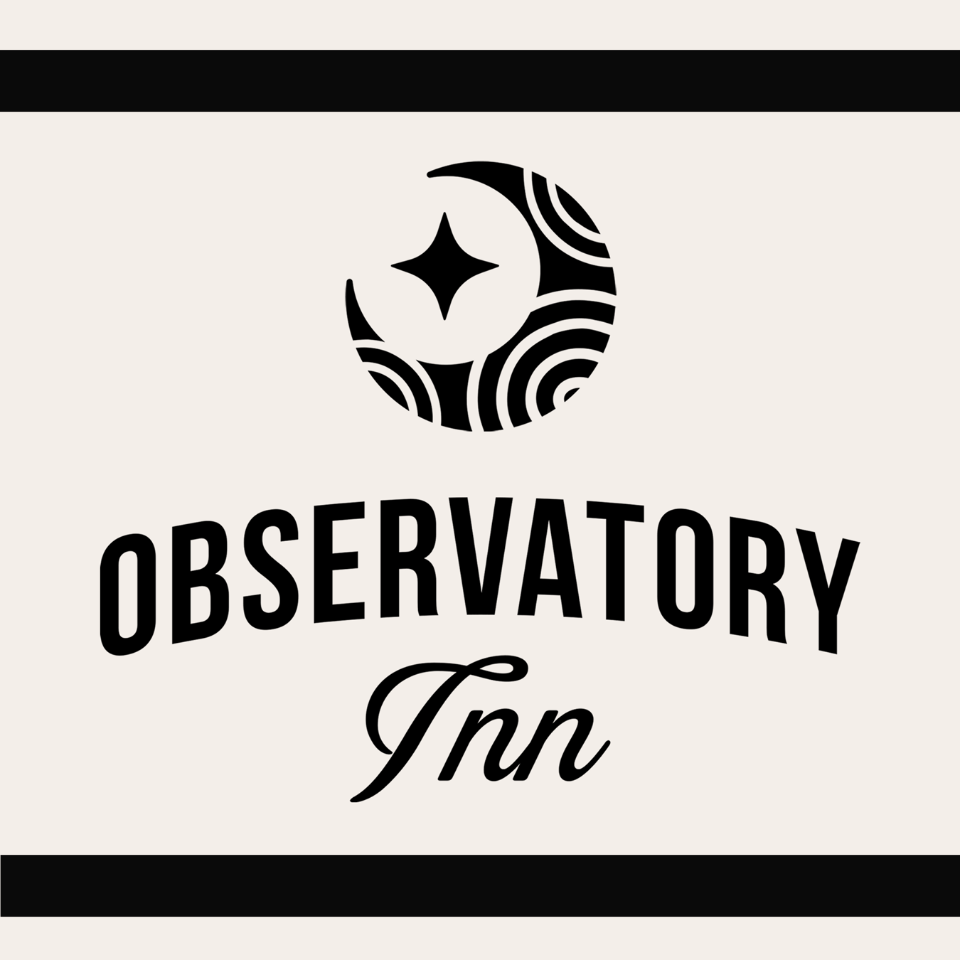 A logo of an observatory inn featuring a crescent moon with intricate designs and a star. The name 'Observatory Inn' is written below in bold and cursive font.