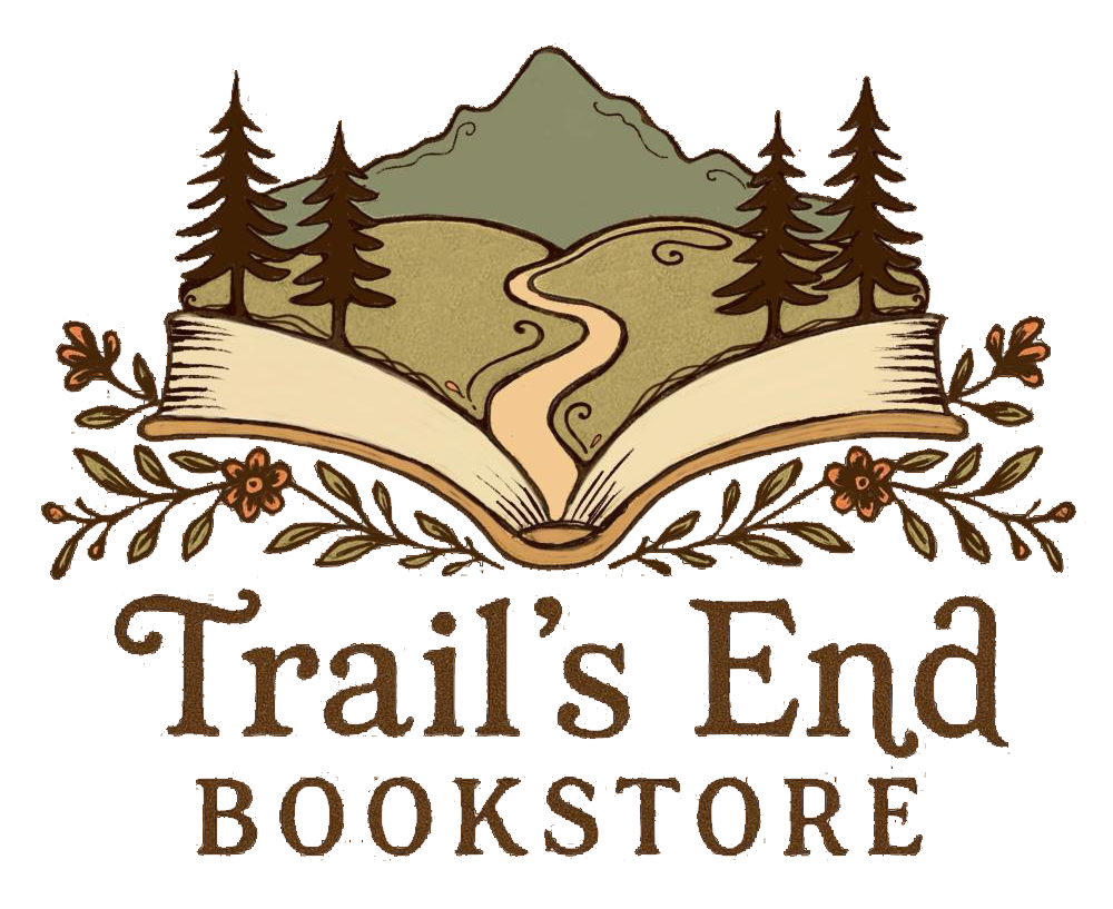 A logo for Trails End Bookstore featuring an open book with trees, a winding path, and a mountain in the background. The text 'Trail's End Bookstore' is below the image with decorative floral accents.