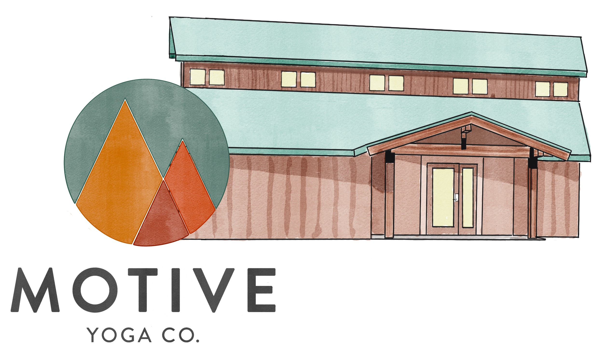 A logo featuring a stylized mountain and pine tree inside a circular shape, with the words 'MOTIVE YOGA CO.' below the symbol.