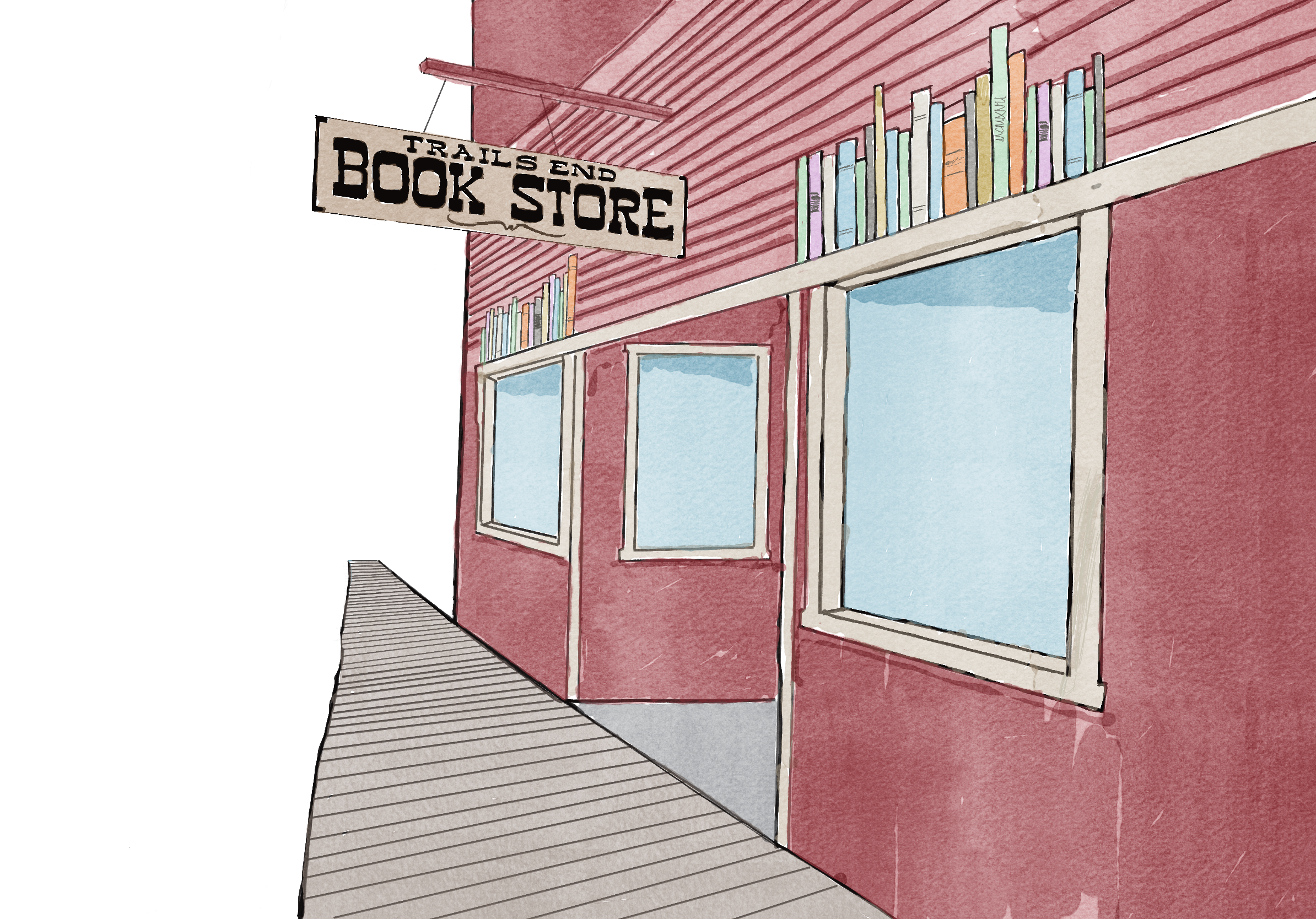 A watercolor-style illustration of the exterior of a bookstore with a red building, large windows, and a sign that reads 'Trails End Book Store' hanging above.