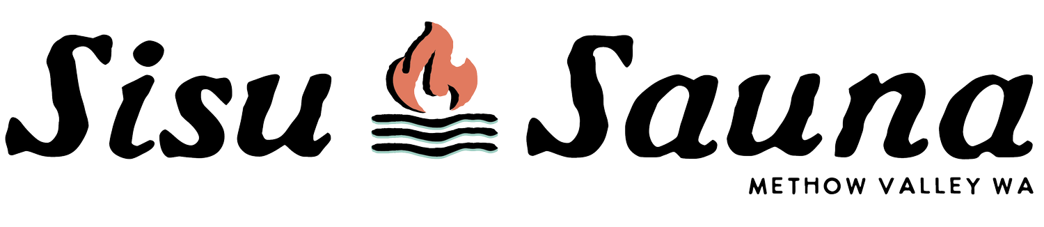 Logo for Sisu Sauna Methow Valley WA with stylized text, an illustration of a flame with steam lines in between.