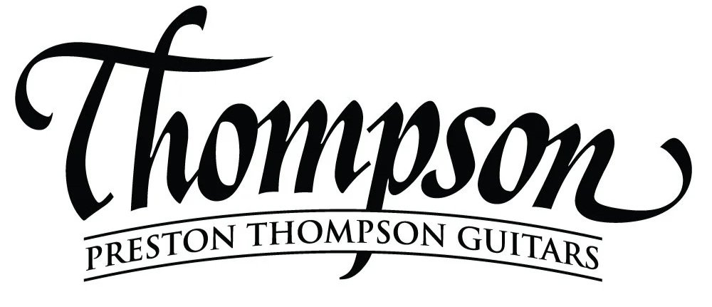 Logotype for Thompson Preston Thompson Guitars in black stylized script with curved lines.