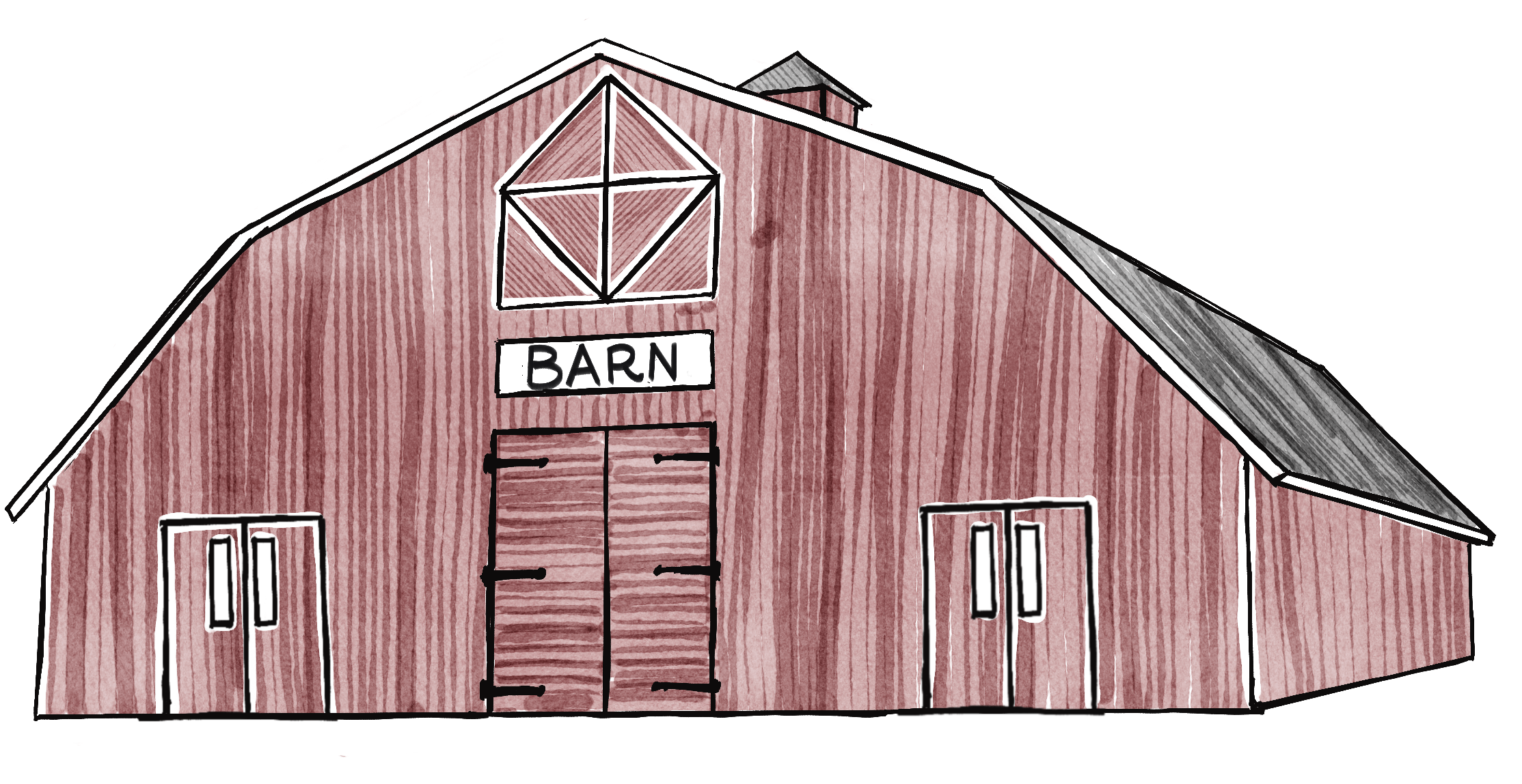 Drawing of the Winthrop WA red barn with a peaked roof, double doors, and windows, labeled 'BARN' with a diamond-shaped window at the top.