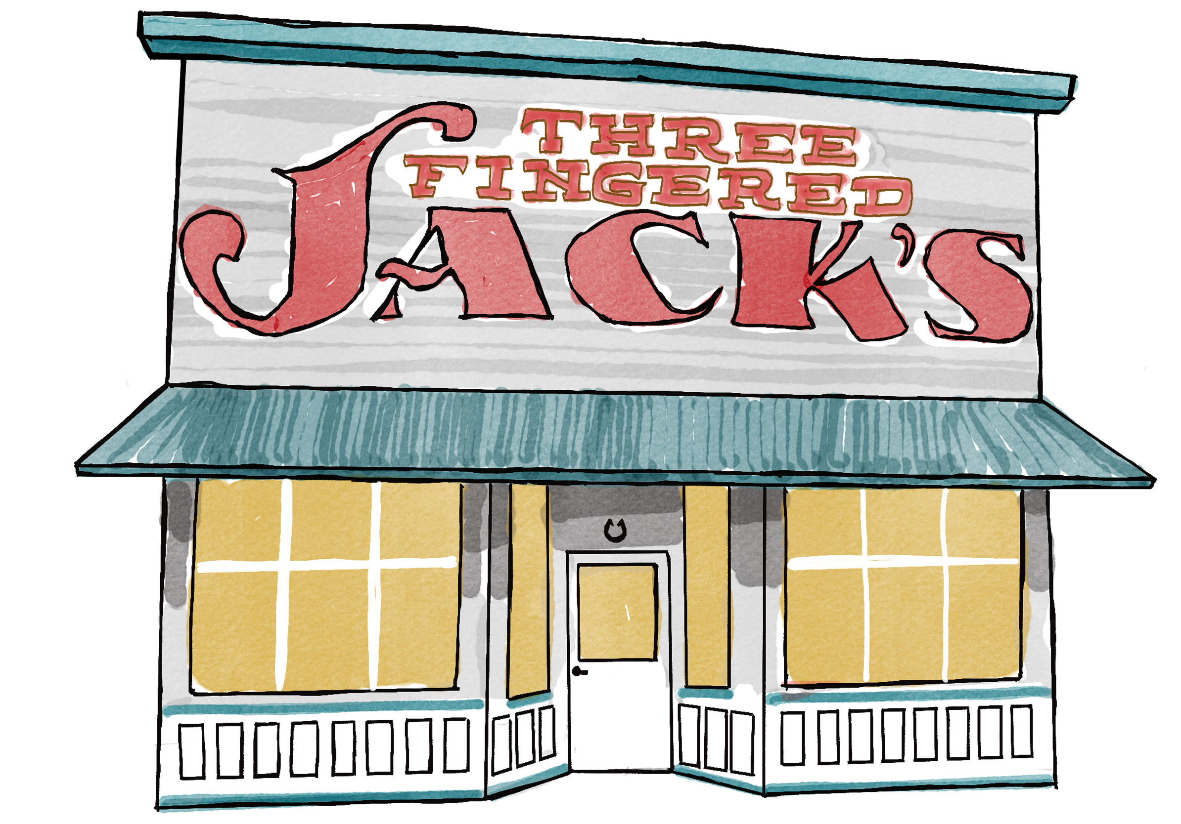 An illustration of a building with a sign that reads 'Three Fingered Jack's' on the roof.