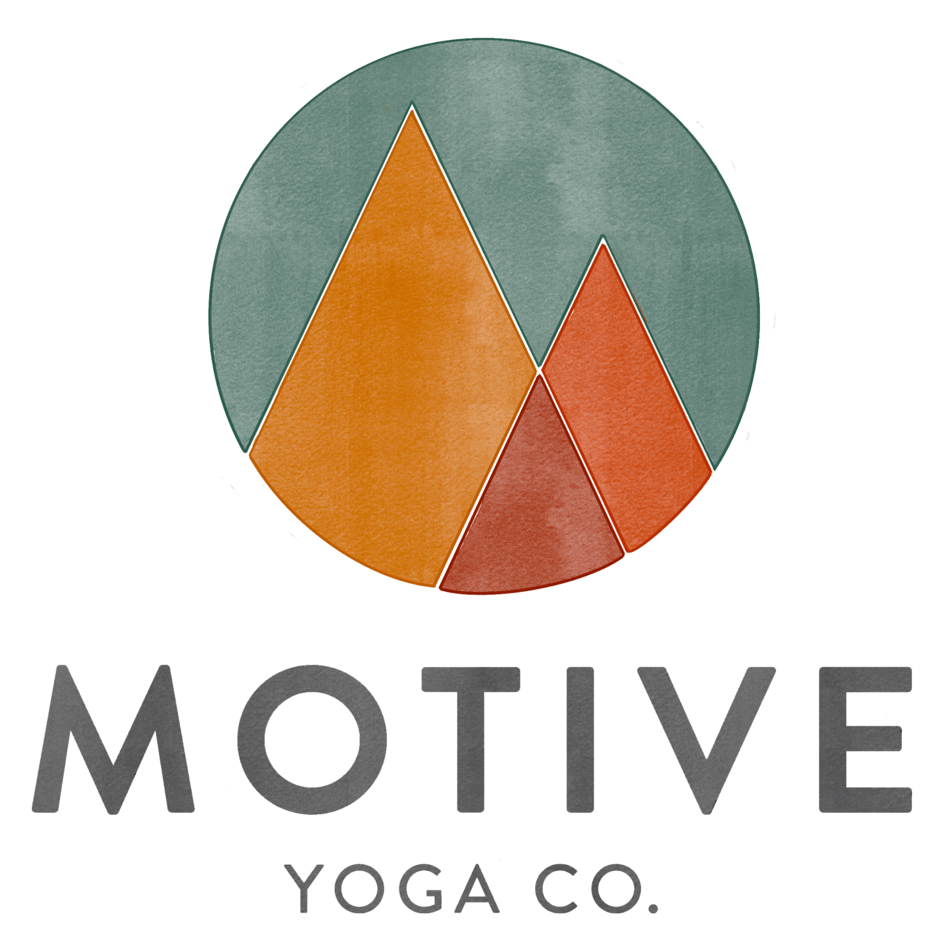 A logo for Yoga Co. with the word "YOGA" in bold black letters and a stylized circle design above it, featuring mountain shapes in earthy tones of orange, yellow, and red, with the text "YOGA CO." underneath.