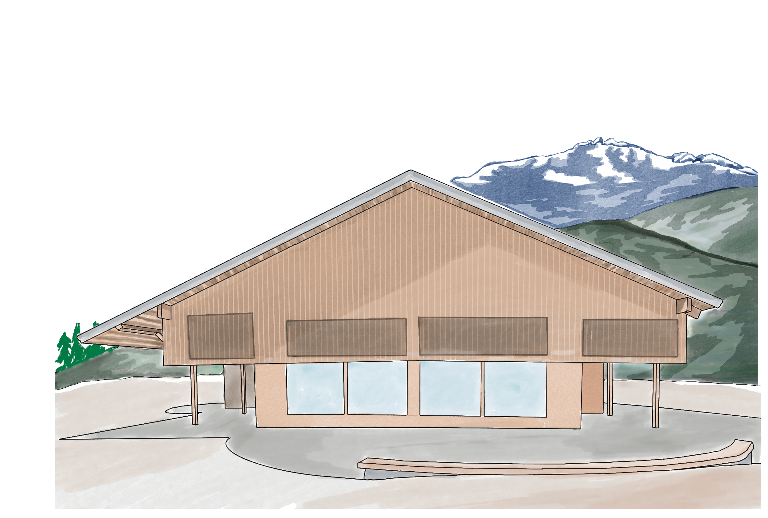 A modern library building with large glass windows, wooden siding, and a front porch with overhanging roof, set against a backdrop of snow-capped Gardner Mountain and green trees.