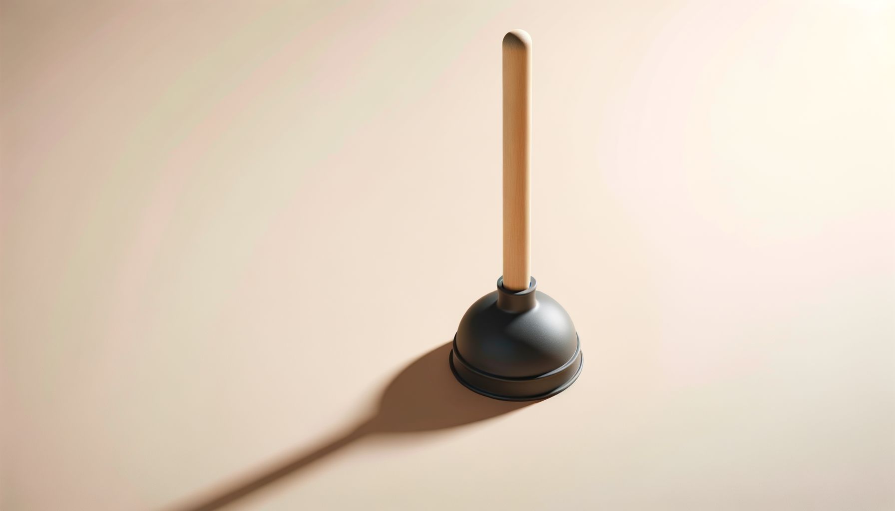 A plunger with a wooden handle and black rubber base on a light-colored surface with a shadow.