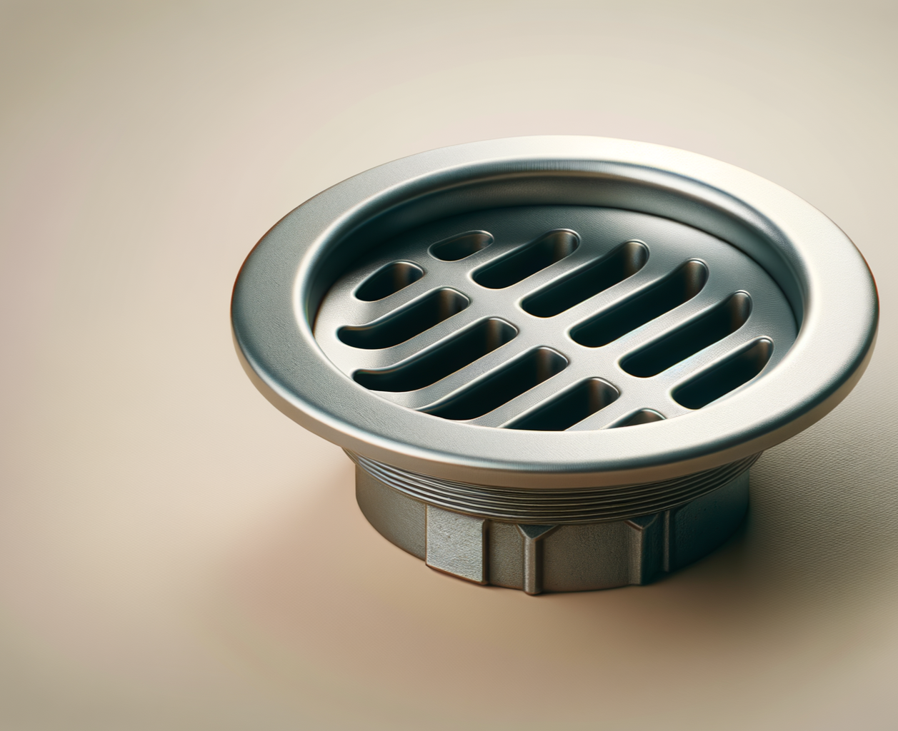 Close-up of a metallic drain cover with horizontal slits on a beige surface.