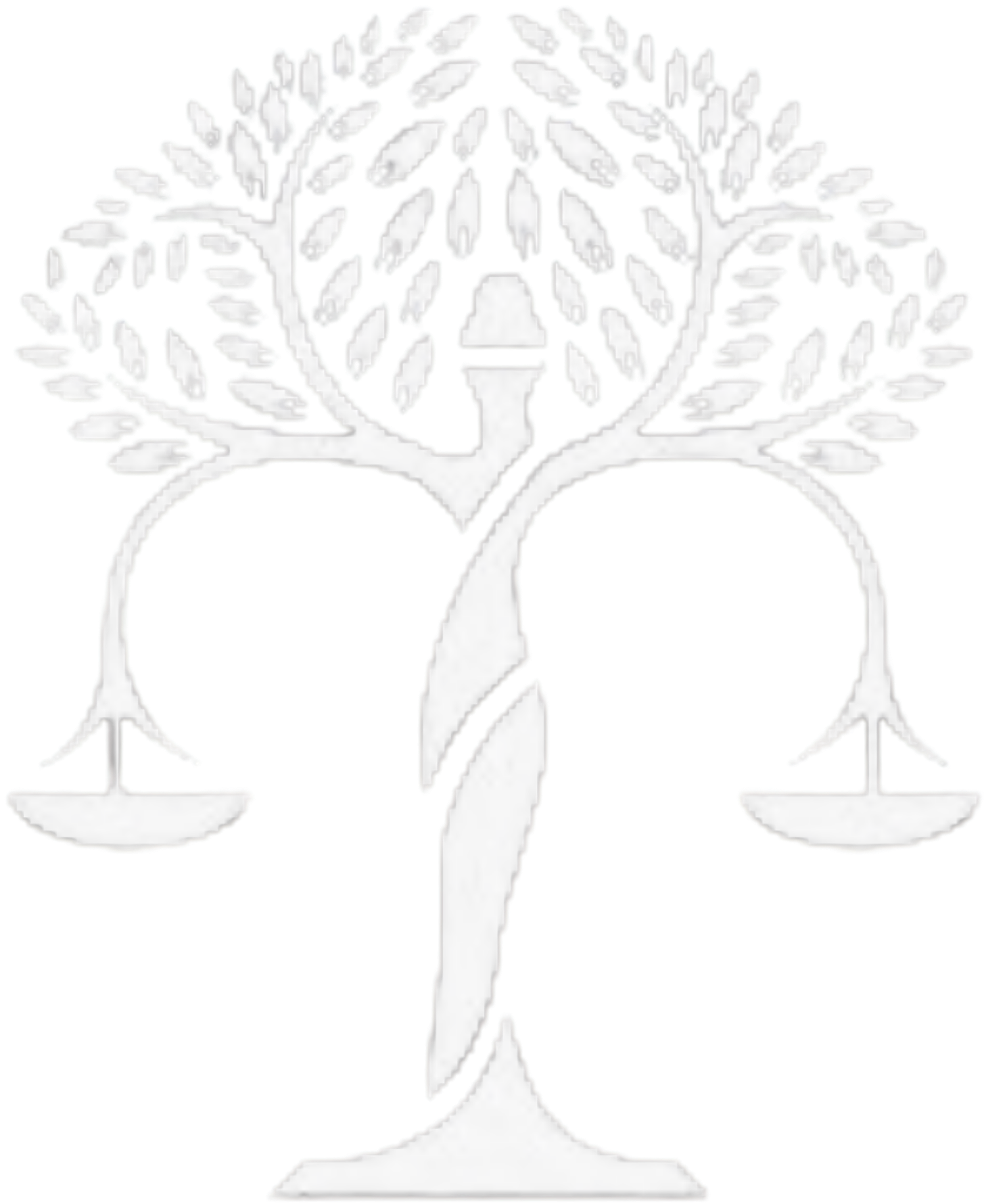 A white decorative sculpture of a stylized olive tree with a scale at its base, representing justice or balance.
