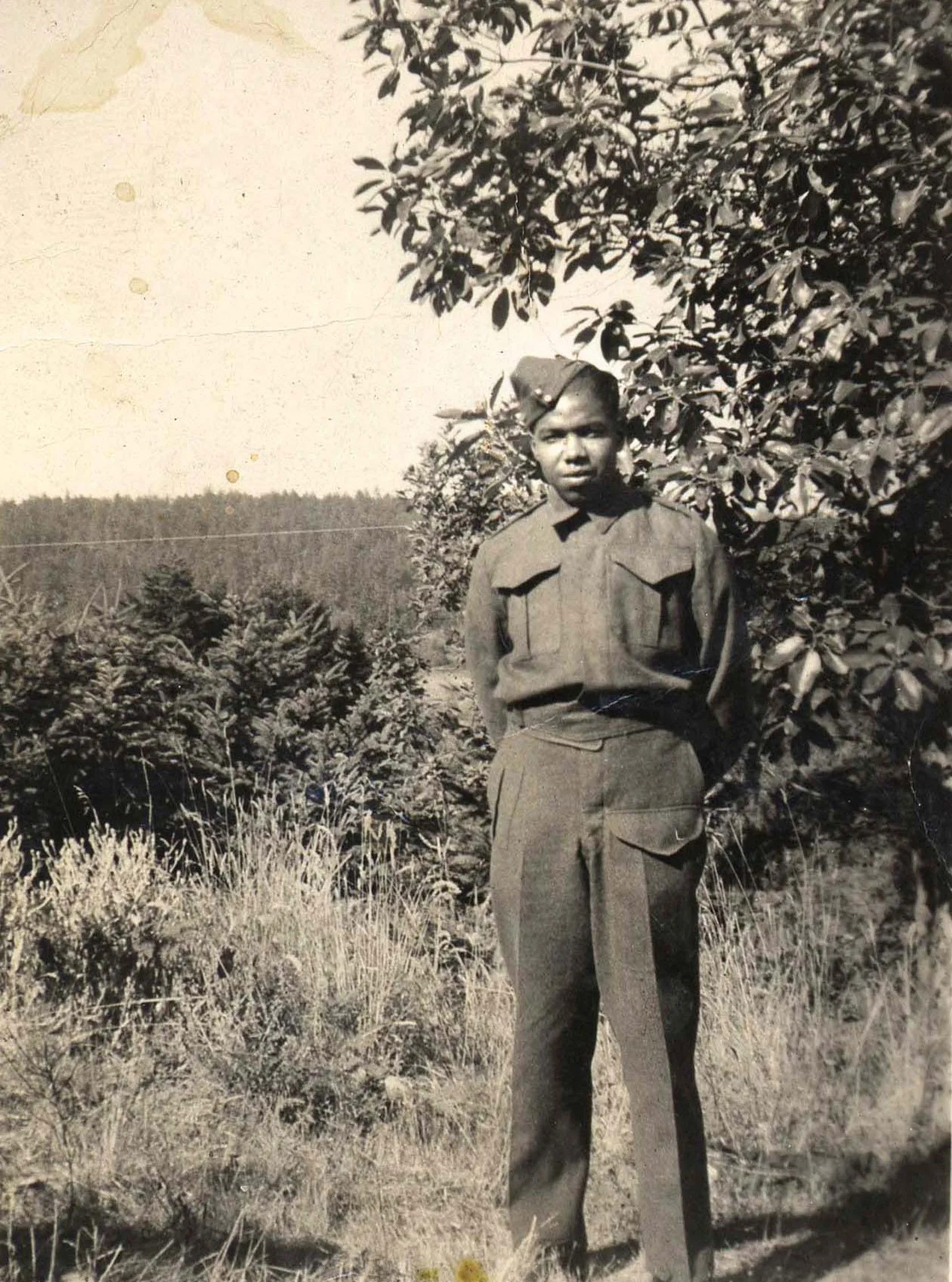 HARRY WHIMS, SON OF ROBERT WHIMS, IN WWII UNIFORM, CIRCA 1940. 
SOURCE: SALT SPRING ISLAND ARCHIVES, 2004032035, WHIMS, SAMPSON, WOOD, MARCOTTE PHOTO COLLECTION