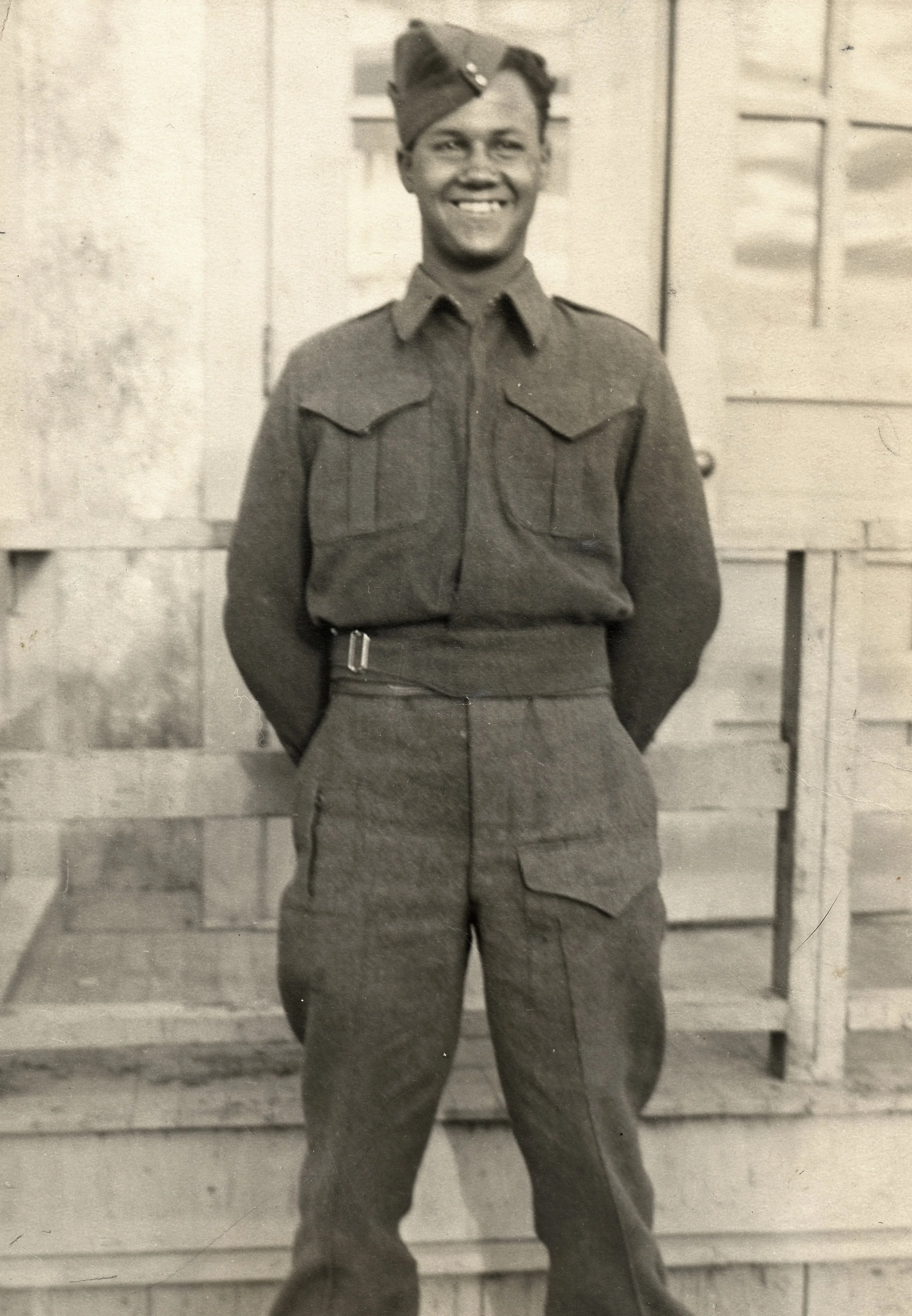 BILLY WHIMS, SON OF GEORGE WHIMS, IN HIS WWII UNIFORM, SALT SPRING ISLAND CIRCA 1940.
SOURCE: SALT SPRING ISLAND ARCHIVES, 2004032038 WHIMS, SAMPSON, WOOD, MARCOTTE PHOTO COLLECTION. 