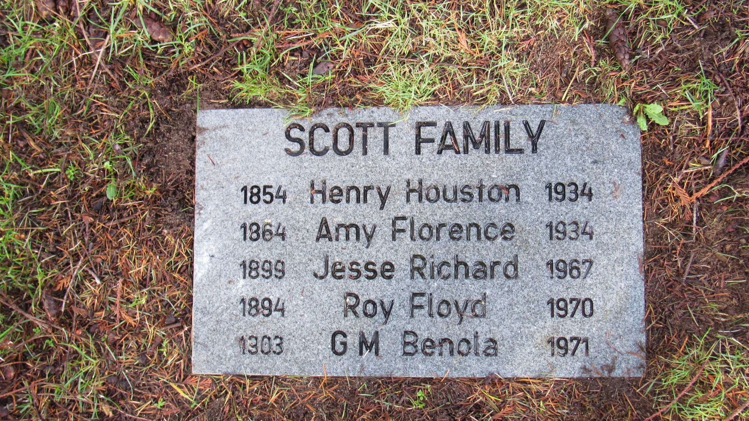 None of these children married, and the five members of the Scott family were buried in unmarked graves at the Surrey Centre Cemetery. In 2018, the Surrey Historical Society placed a gravestone on the site of the Scott burials, honouring their histor