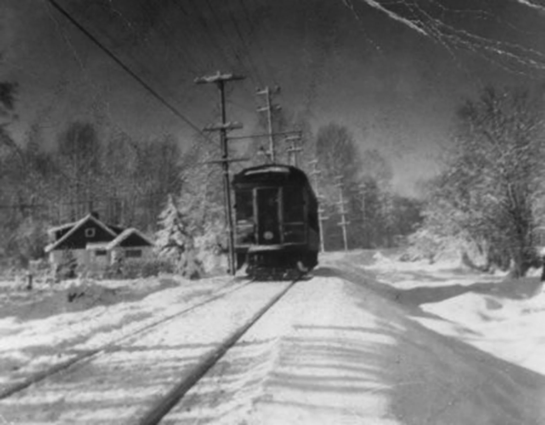 Photograph of the Burnaby Lake Interurban in the snow. City of Burnaby Archives, BHS1996-14