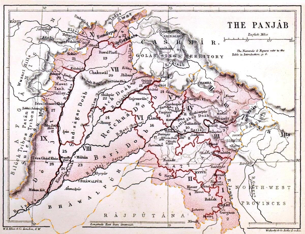 1880 map of the Punjab, around the time that it was divided into the British ruled canal colonies of Sidhnai, Sohag, Para, Chunian, Chenab, Jhelum, Lower Bari Doab, Upper Chenab, Upper Jhelum, and Nili Bar