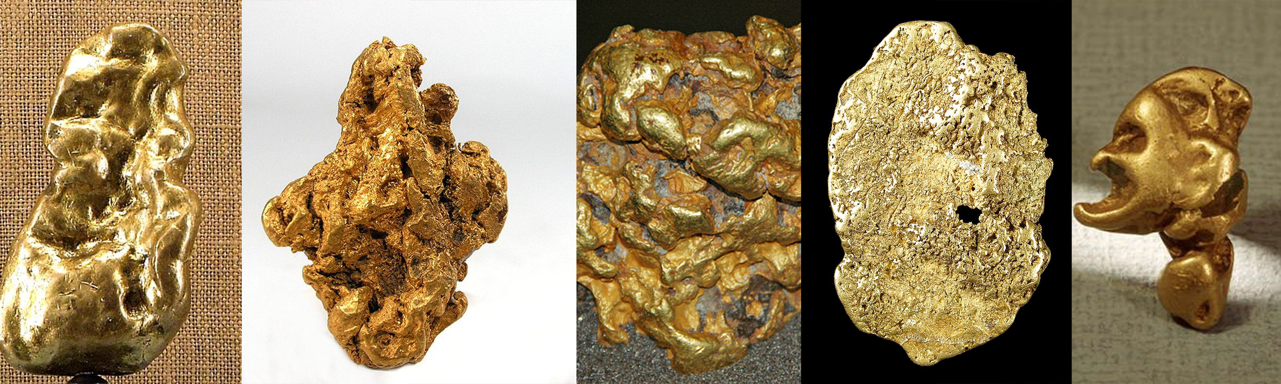 Gold nuggest vary in colour depending on the presence of other minerals, such as copper or silver. These nuggets are from (left to right) the Yukon, Bakerville, Australia, Mexico, and Russia.