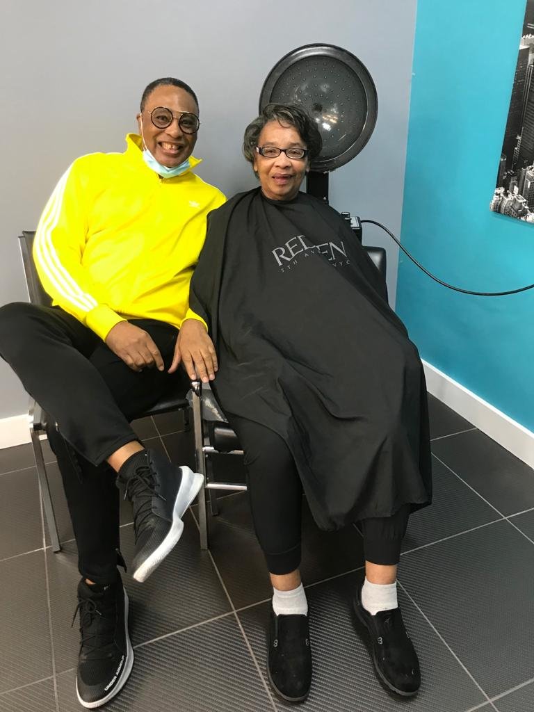 Mel and his mother, Lorna, at the hairdresser.