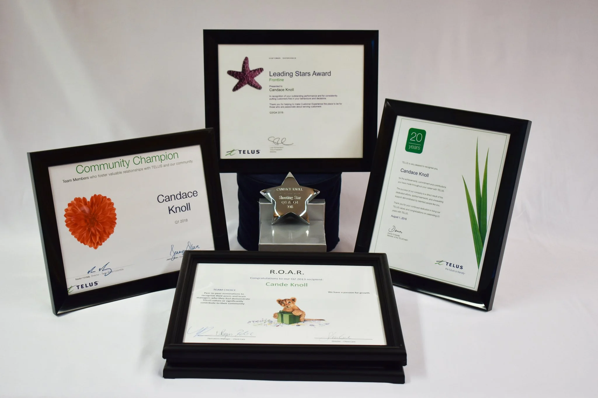 Memorabilia and awards from Candace’s time working at Telus over the past 20 years. Pictured are leadership and community involvement awards.