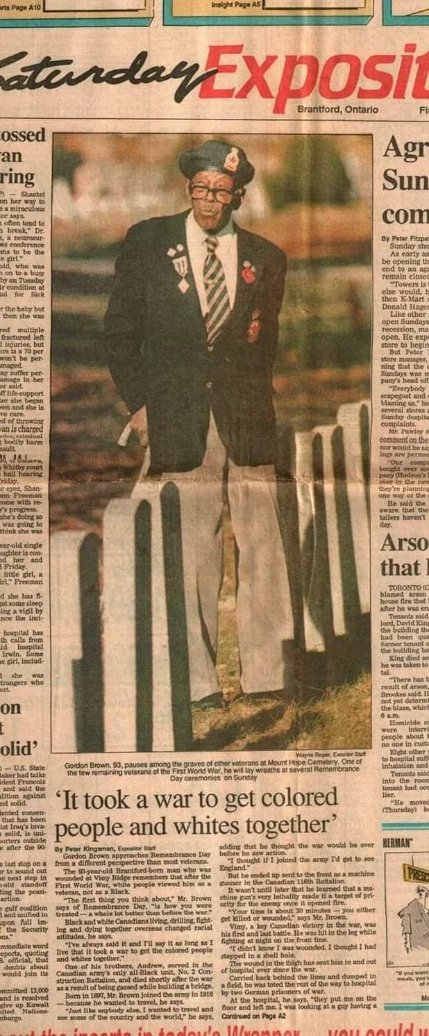 Newspaper article about Gordon “Grandie” Brown, Candace’s paternal grandfather and WWI veteran. He was a member of the 116th Battalion and fought at the Battle of Vimy Ridge in WWI.