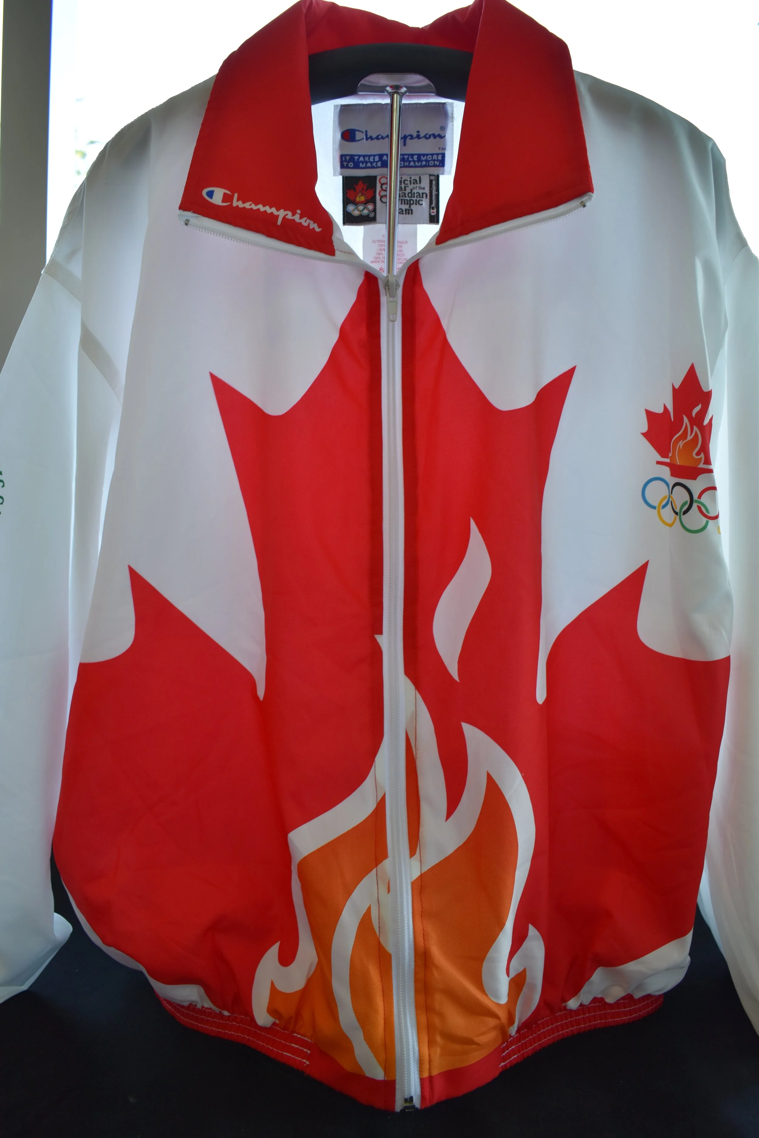 Warmup tracksuit worn by Tara Self at the 1996 Summer Olympics. Photo courtesy of Coquitlam Sports Hall of Fame.