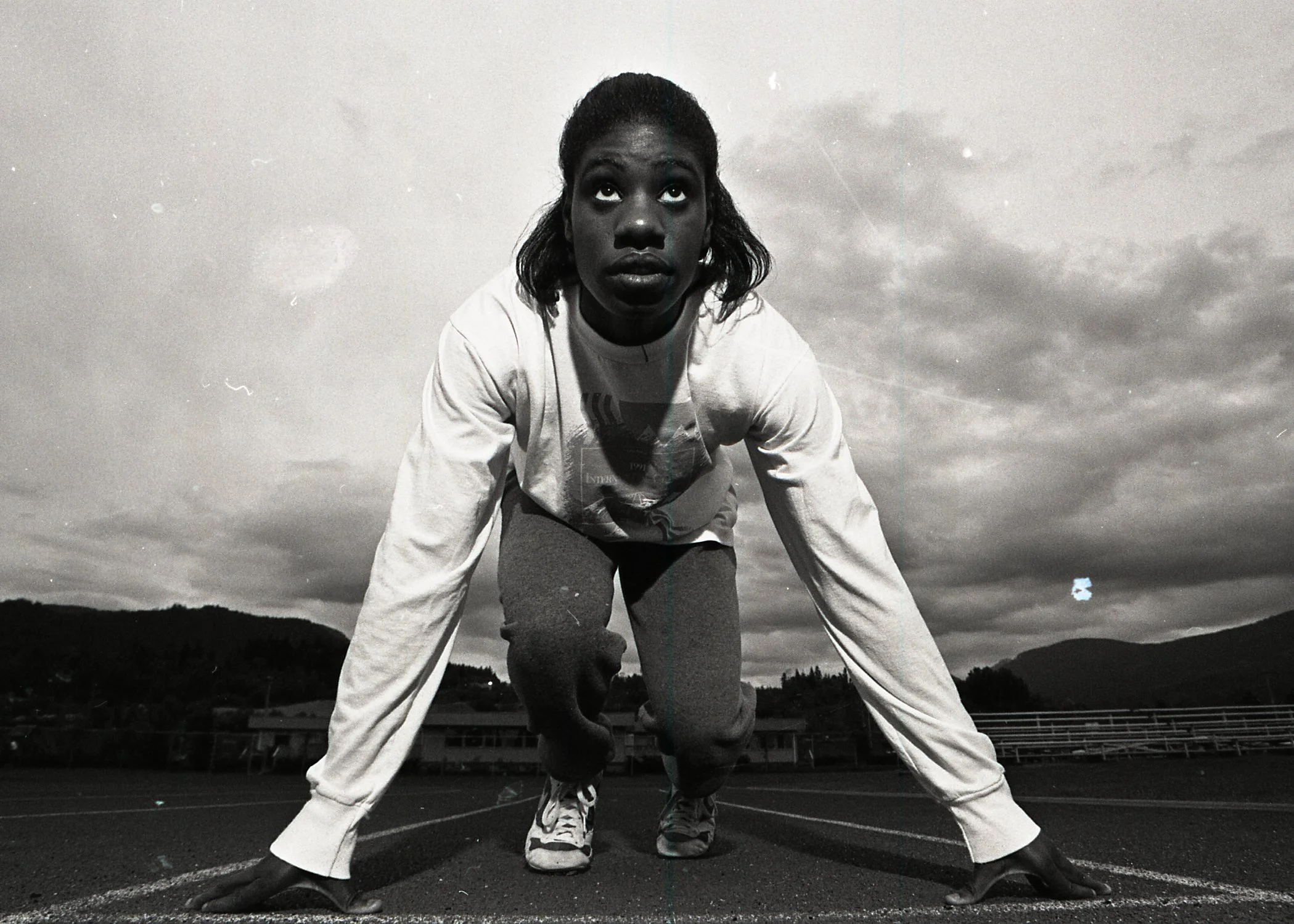 Portrait of Tricia Clarke, sprinter for Coquitlam Cheetahs and Centennial High School. (F13-95-1357_002, Tri-City News, City of Coquitlam Archives)