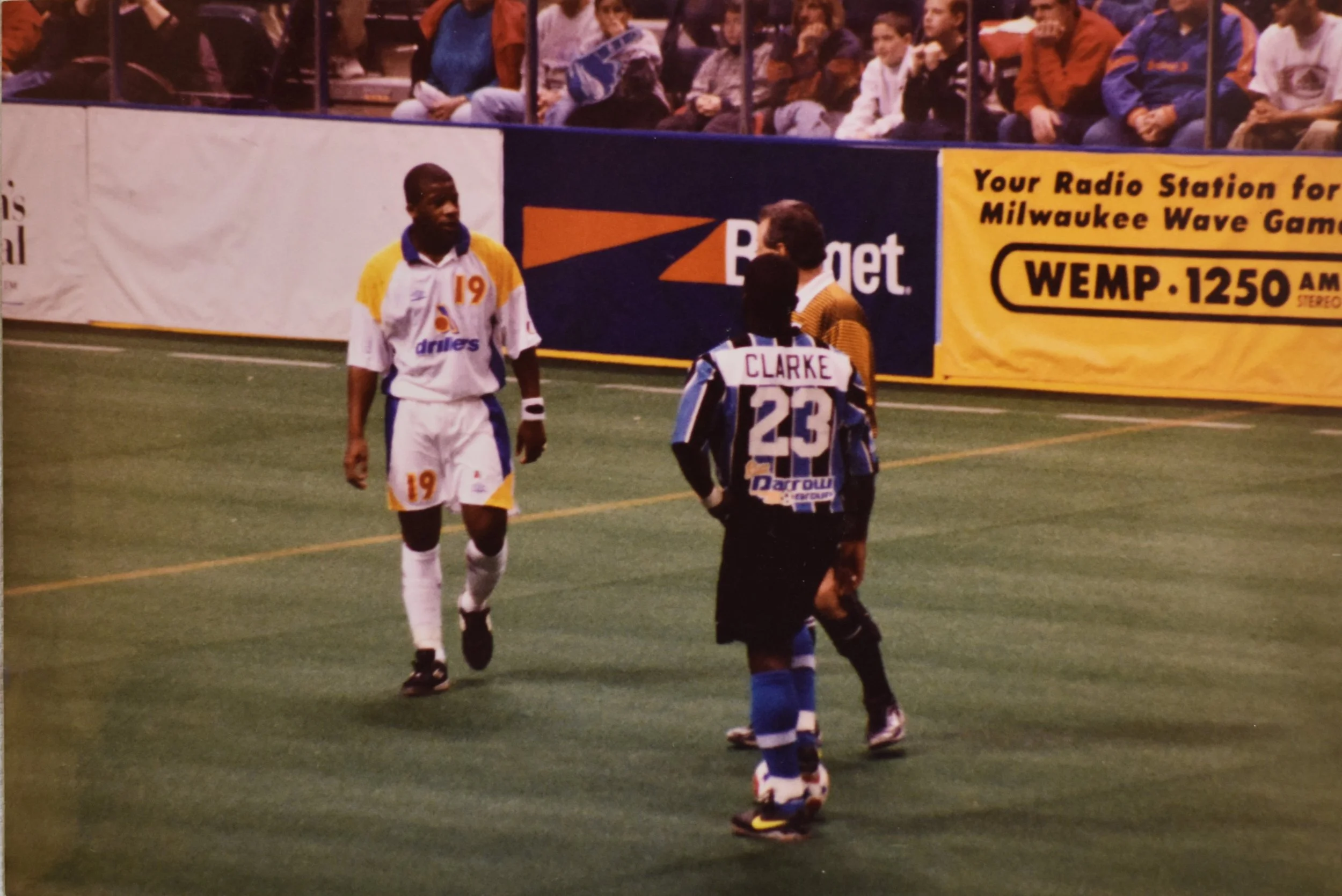 Faceoff between the Clarke brothers when Chris (#19) played for the Edmonton Drillers and Ian (#23) played for the Milwaukee Wave soccer teams.