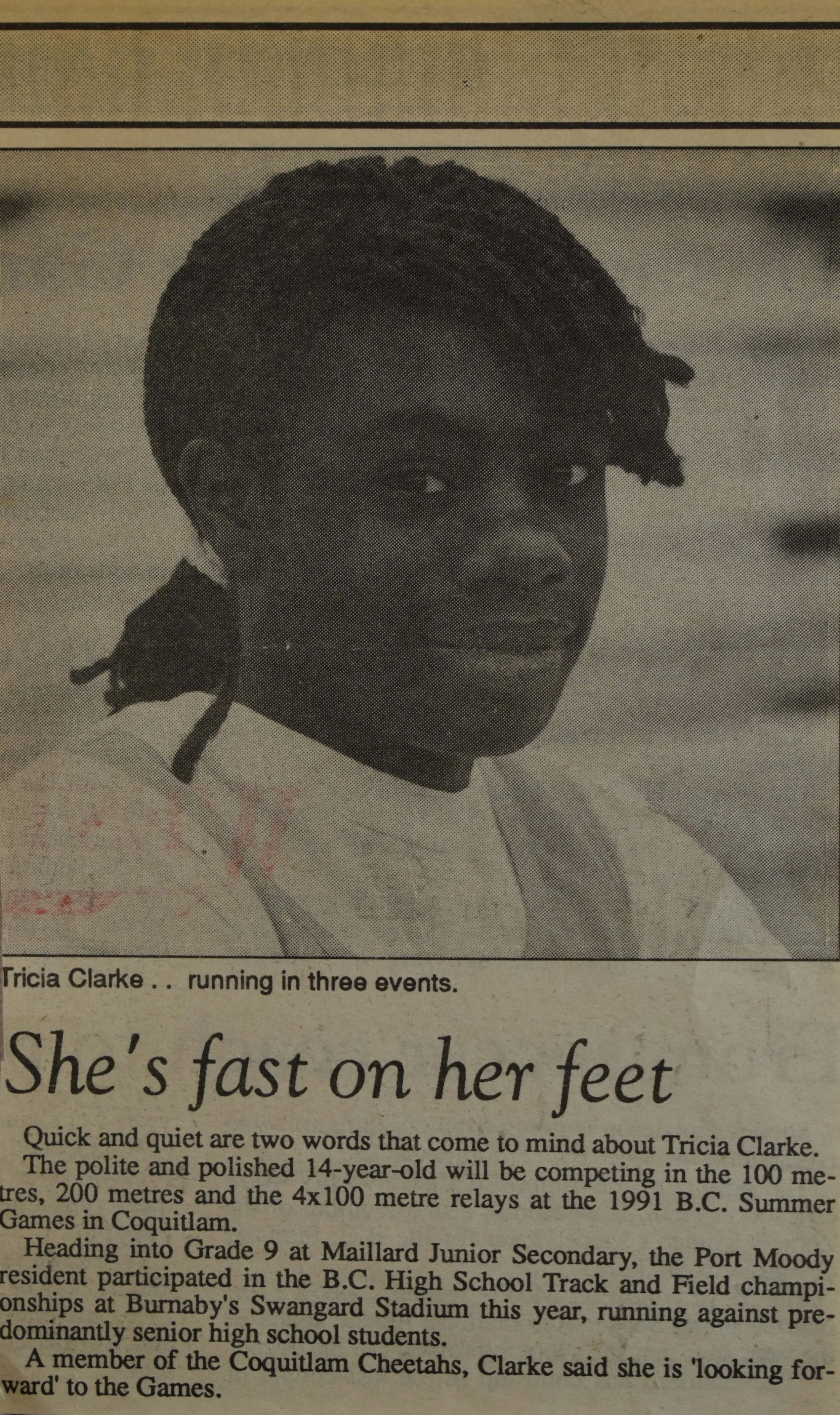 Clipping of a spotlight profiling 14-year-old Tricia Clarke before the 1991 BC Summer Games.
