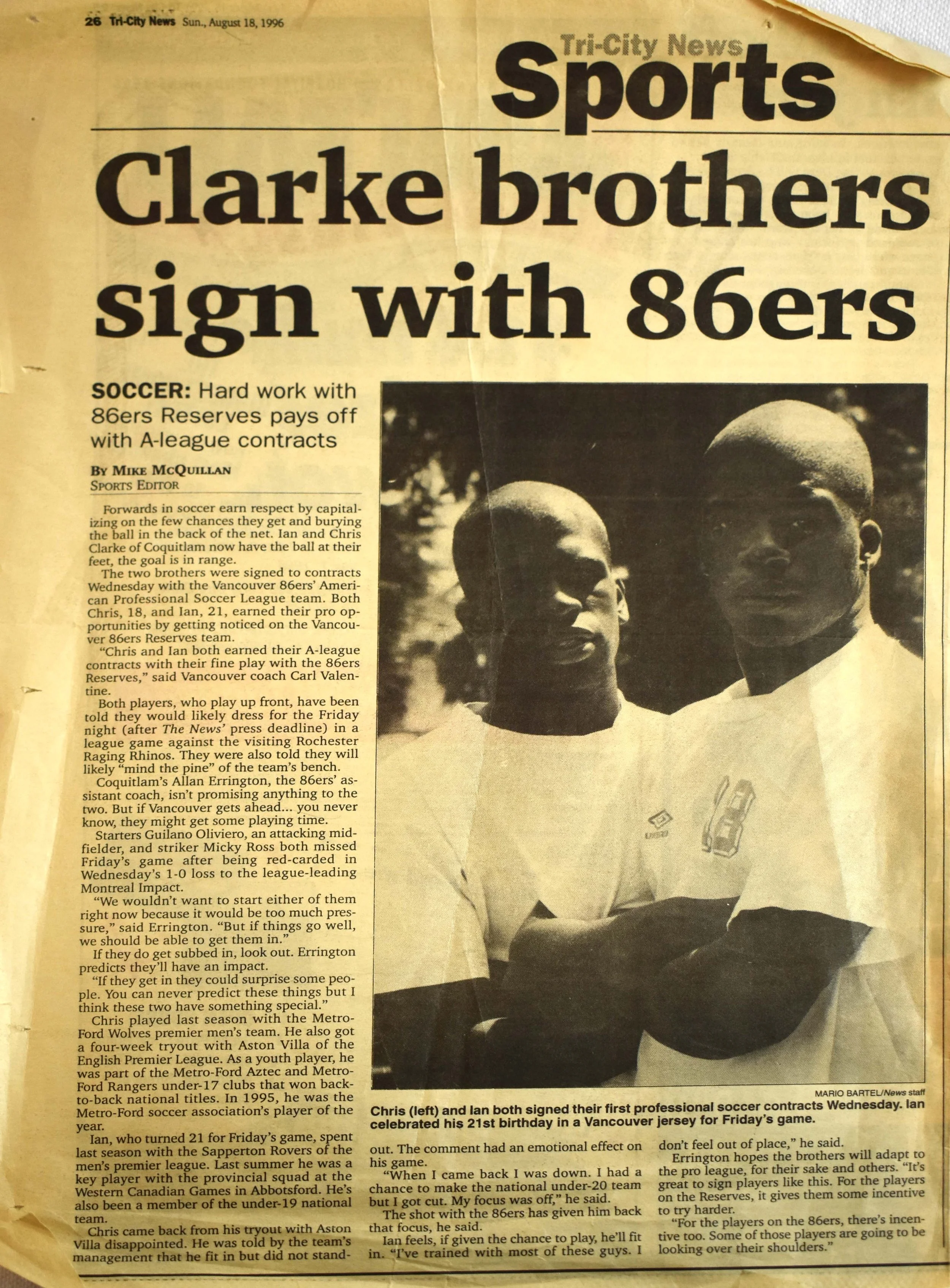 Tri-City News article announcing Chris and Ian Clarke’s new, and simultaneous, contracts with the Vancouver 86ers professional soccer team in August 1996.