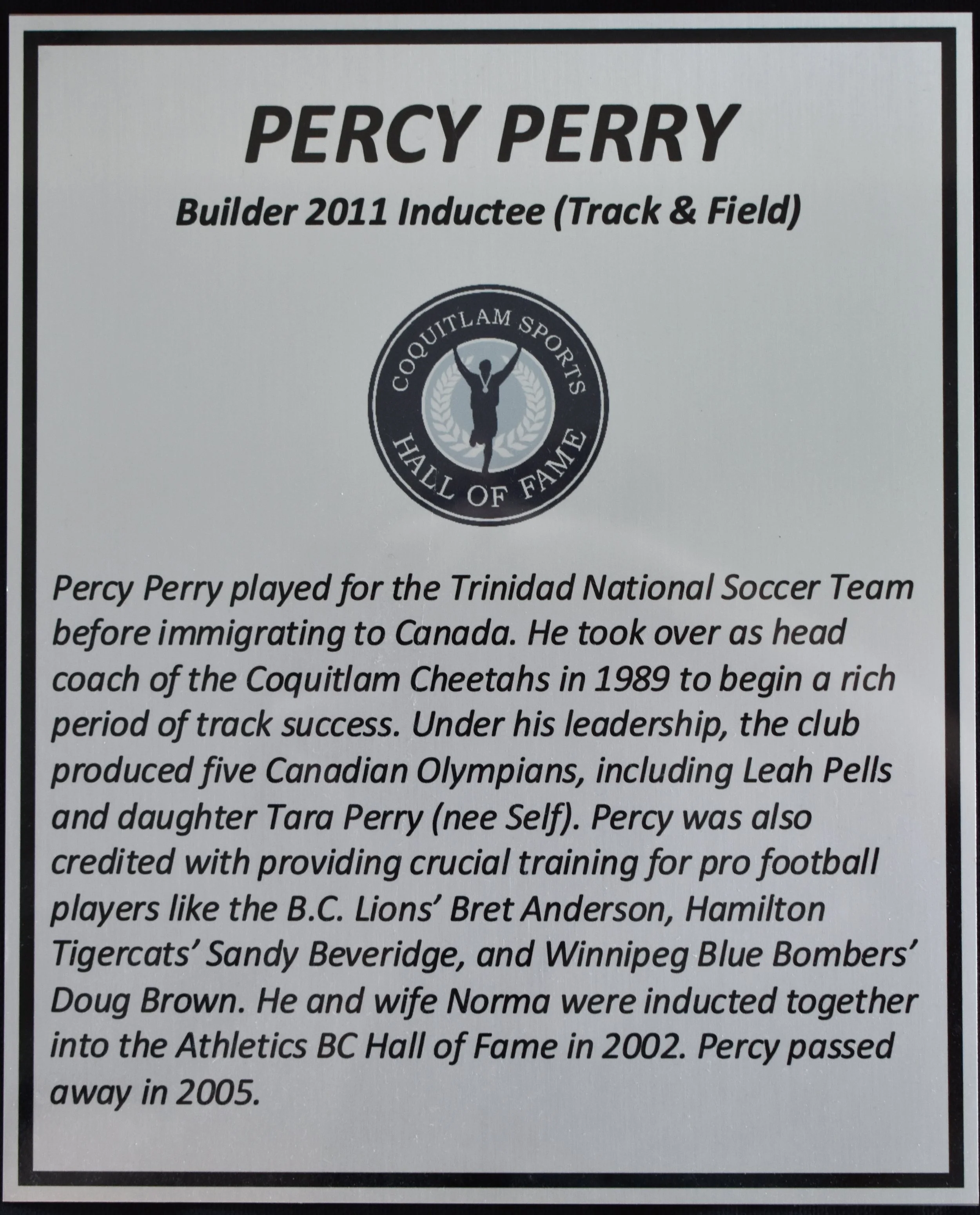 Posthumous recognition of Percy’s success as a sports coach and trainer by the Coquitlam Sports Hall of Fame. (Courtesy of the Coquitlam Sports Hall of Fame)