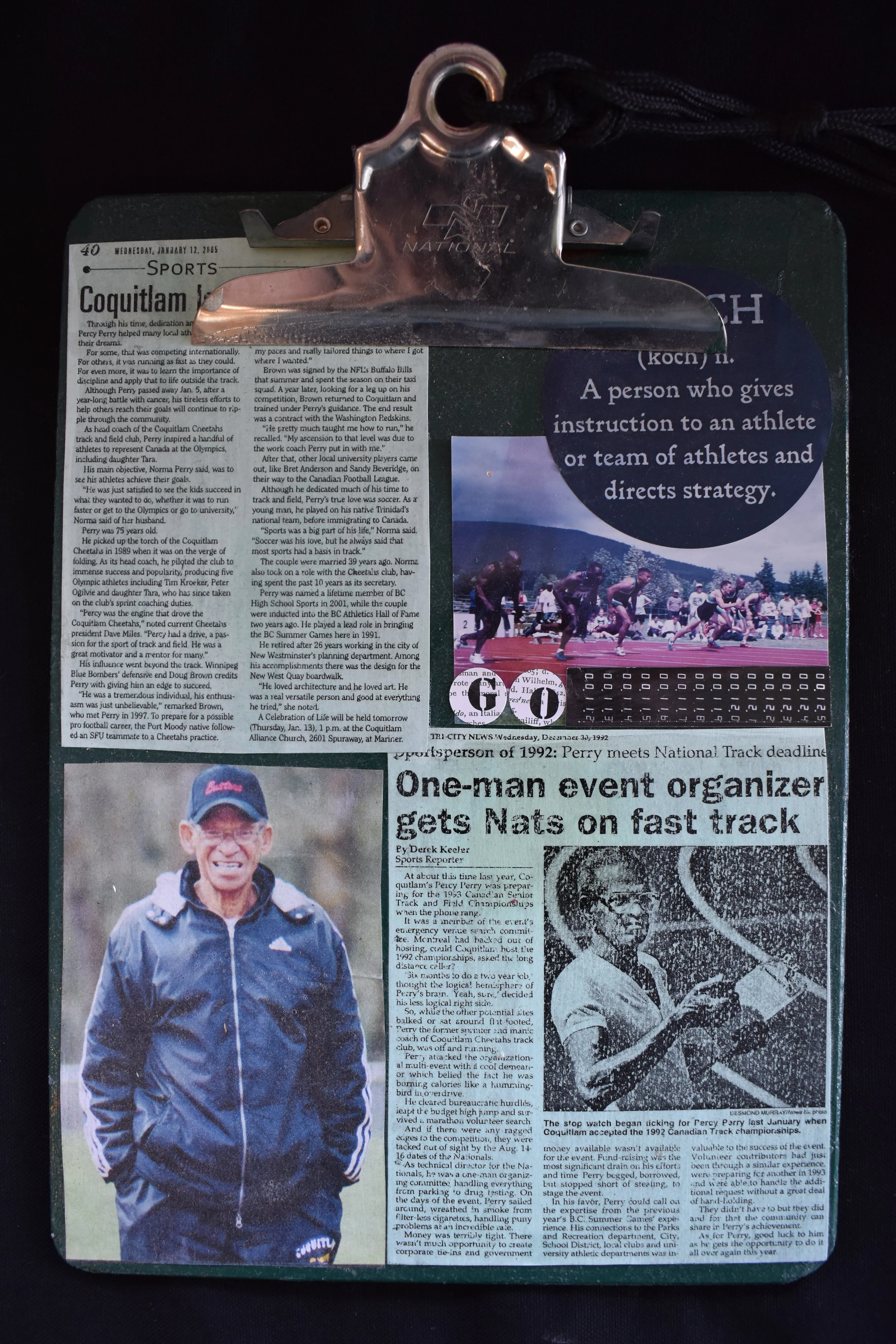 Collection of newspaper clippings showing Percy’s success as a coach. (Courtesy of the Coquitlam Sports Hall of Fame)