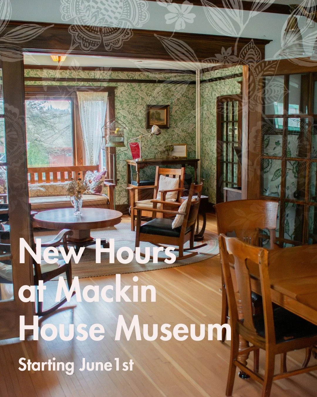 Starting June 1st, Mackin House Museum is making the following adjustments to our hours for the Summer season:

Mon: Closed
Tue: 11 AM - 5 PM
Wed: 11 AM - 5 PM
Thu: 2 PM - 8 PM
Fri: 2 PM - 8 PM
Sat: 11 AM - 5 PM
Sun: 11 AM - 5 PM

We look forward to 