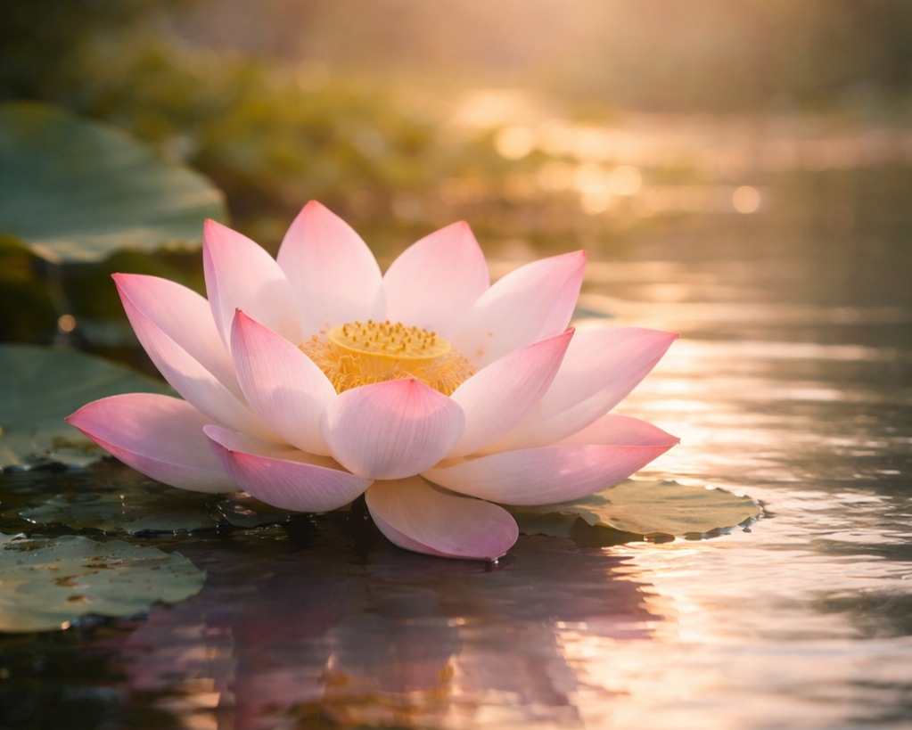 Pink lotus flower floating on calm water symbolizing grounded, trauma-informed healing