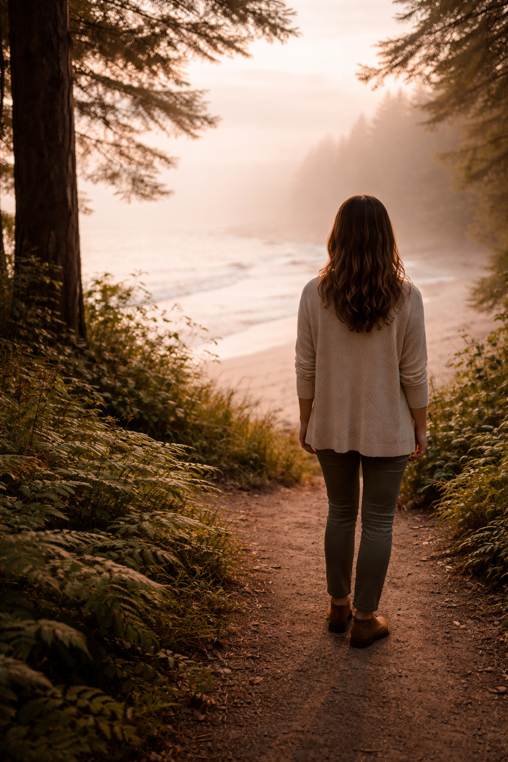 Woman hiking on a trail amid trees at sunset near a body of water