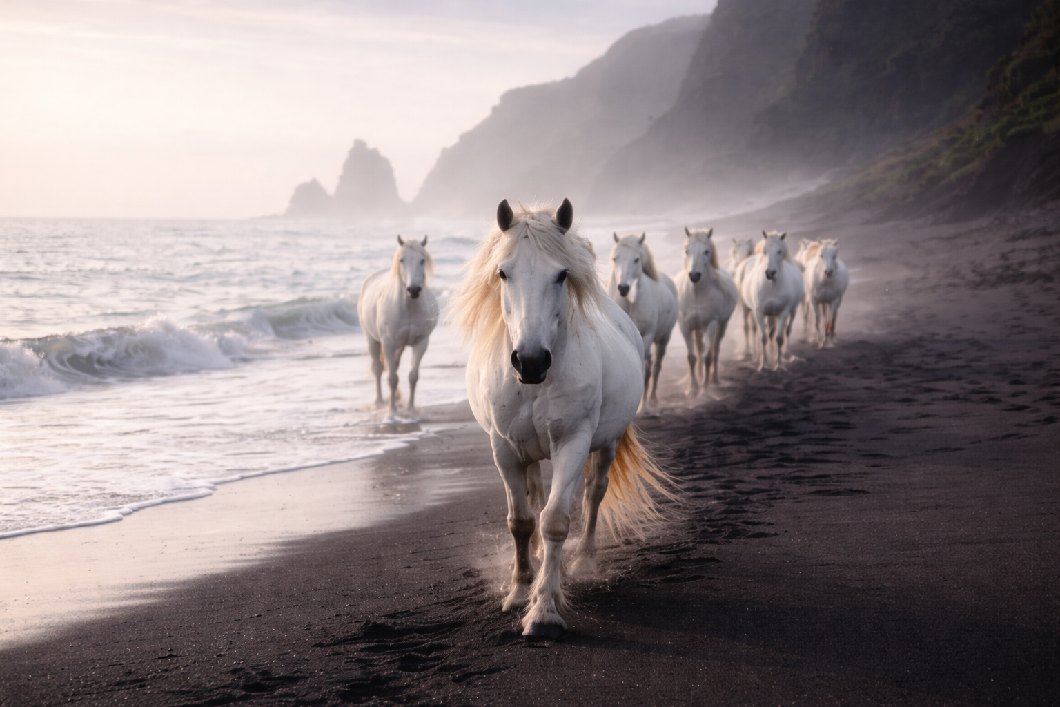 White horses walking along a sandy beach with cliffs in the background and waves crashing on the shore.