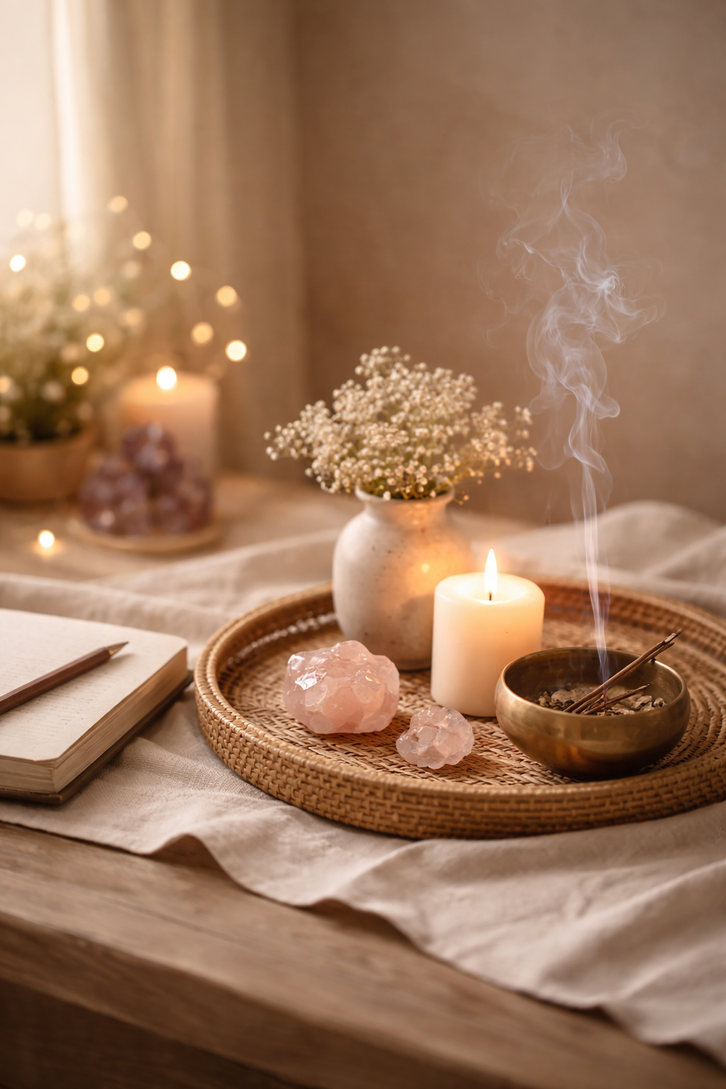 Candle, journal, and calming objects arrangd on a table for reflection.