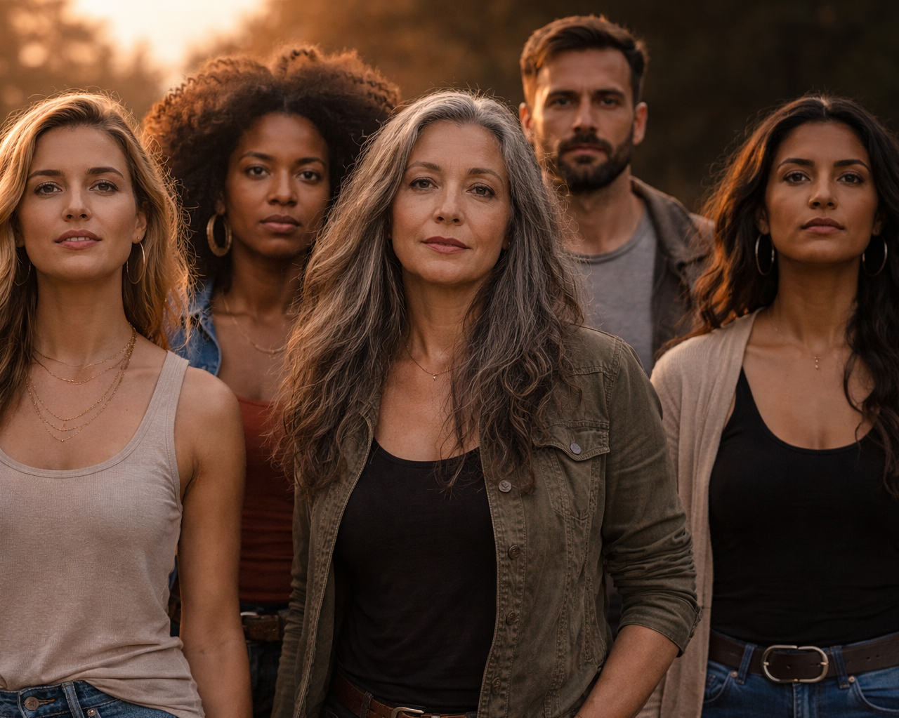 Group of diverse women and a man standing together and looking confidently toward the camera.