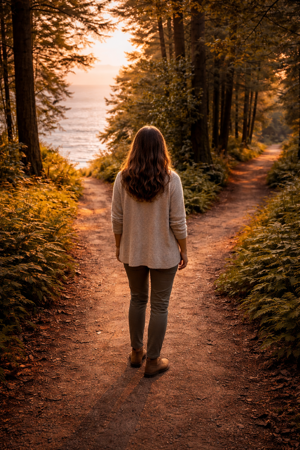 Woman standing at a fork in a forest path, symbolizing choice and personal agency.